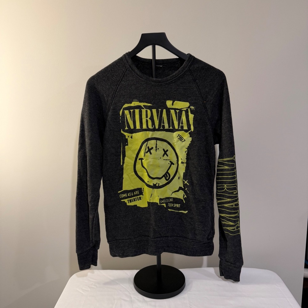 Nirvana Smiley Face Graphic Sweatshirt Charcoal Grey Yellow Small Smells Like
